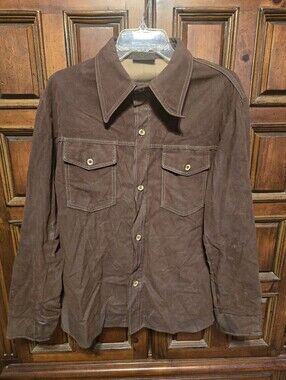 William Barry Solid Button-Up Shirt Mens M Long Sleeve Pockets Brown Vtg